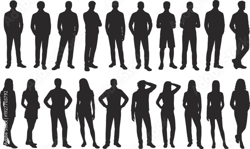 Collection of standing men and women silhouettes in casual and professional poses for architectural visualization, fashion design, and social infographics.