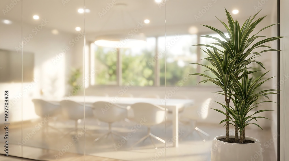 Fototapeta premium A bright and modern meeting room with glass walls and a long table is bathed in natural sunlight, featuring a tall green potted plant in the foreground.