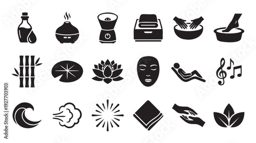 Collection of spa and wellness glyph icons for relaxation and selfcare products, ideal for websites, brochures, or marketing materials