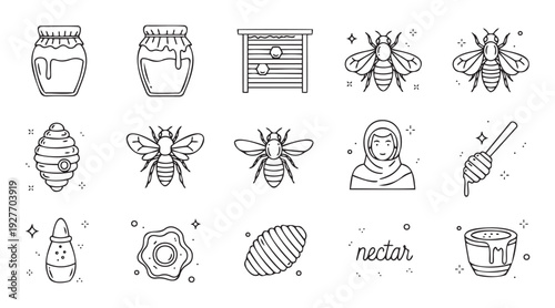 This collection of honey and beekeeping related line icons features jars, bees, a beekeeper, and various apiary elements, perfect for agriculture, food, or naturethemed projects and designs.