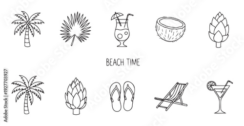 Outlined beach vacation items set featuring palm trees, tropical cocktails, a refreshing coconut, and comfortable flipflops, ideal for summer travel projects
