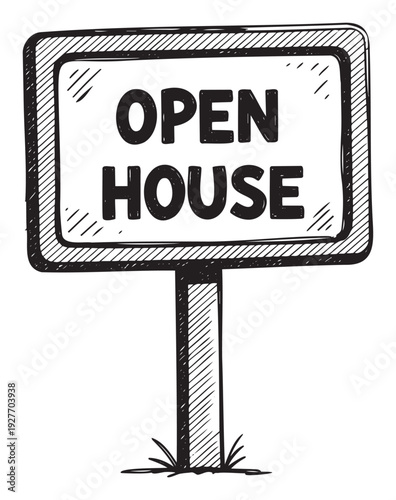 Hand drawn open house sign with bold text and a sturdy post indicating a property viewing event for potential buyers