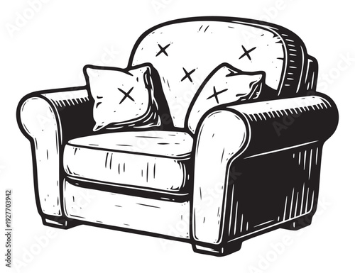 Classic black and white armchair with soft cushions offers a comfortable and inviting spot for relaxation, perfect for home decor projects and furniture advertisements