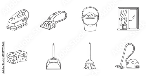 Various essential household cleaning tools and supplies for domestic maintenance and sanitation tasks perfect for home service advertisements or product branding