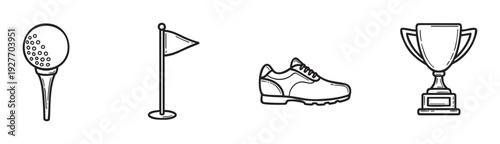 Golf accessories collection featuring a dimpled ball on a tee, a course flag, a specialized shoe, and a winners trophy, ideal for sports event promotions and athletic achievement.