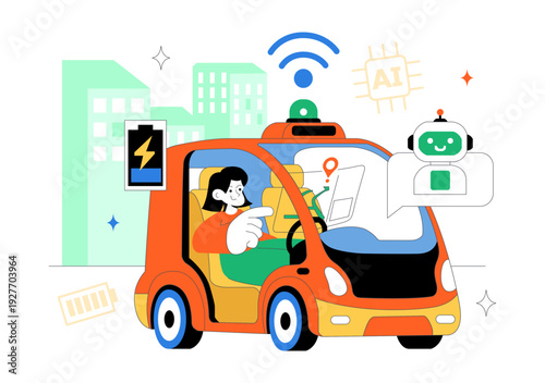 Self Driving Car Technology Vector Illustration Featuring Smart Autonomous Vehicle System And Digital Navigation In a Flat Style Background