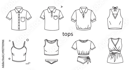 Collection of various womens and mens upper body clothing items depicted as line icons perfect for ecommerce, apparel catalogs, or wardrobe planning applications