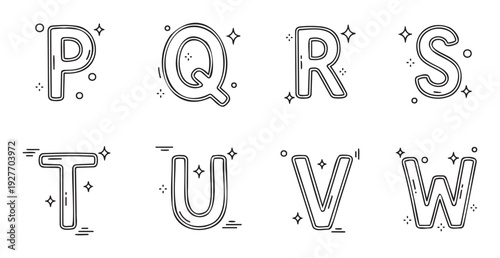 Playful outlined uppercase letters P through W with shiny star and graphic doodle accents, ideal for childrens educational content, engaging presentations, or decorative typographic