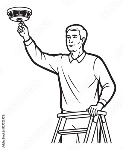 Man on a ladder installing or testing a smoke detector, emphasizing fire safety, home protection, and emergency preparedness for residential and commercial building maintenance.