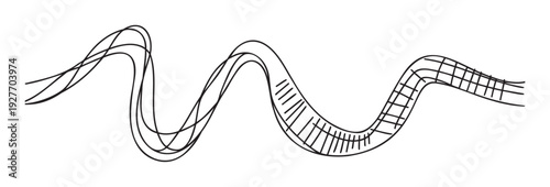 Dynamic black outline of a thrilling roller coaster track creating a sense of movement and excitement perfect for amusement park promotions or entertainment industry graphics.