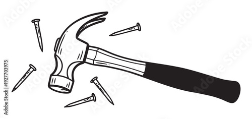 Hand drawn illustration of a hammer and multiple nails scattered around, perfect for construction, repair, or DIY project advertisements and presentations.