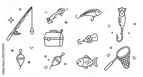 A collection of simple black and white line icons representing various fishing gear and tackle for outdoor sports, perfect for web graphics, apps, and educational materials.
