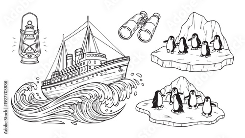 Vintage steamboat riding large ocean waves with exploration tools like an old lantern and binoculars accompanied by cute penguins on floating icebergs, ideal for travel, adventure, or