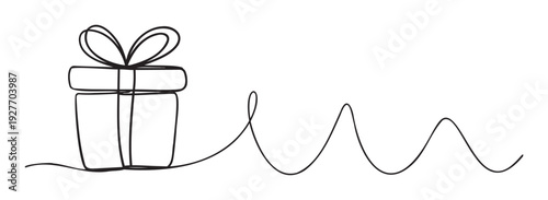 Simple continuous line drawing of a gift box with a bow, symbolizing celebration and surprise, perfect for holiday greetings, party invitations, or event marketing materials