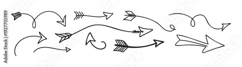 Hand drawn arrow marker shapes provide a playful collection of pointers for various graphic communication needs including directions, emphasis, and decorative accents