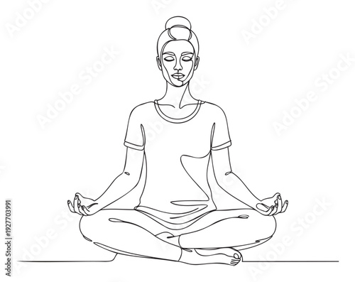Serene woman meditating in a tranquil yoga pose with closed eyes and mudra hands, perfect for wellness, relaxation, and mindfulness promotions