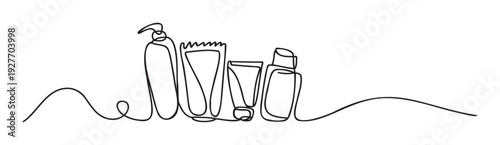 Continuous one line drawing of various cosmetic and personal hygiene bottles and tubes, perfect for modern beauty product promotions or skincare advertisements.