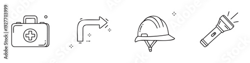 A collection of essential safety and utility symbols including a first aid kit, directional arrow, hard hat, and flashlight, perfect for emergency preparedness, construction, outdoor