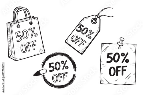 A collection of hand drawn sale promotion labels and shopping bag icons representing a fifty percent discount for marketing materials and retail campaigns