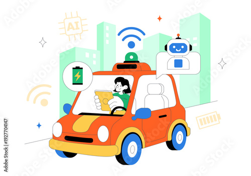 Self Driving Car Technology Vector Illustration Featuring Smart Autonomous Vehicle System And Digital Navigation In a Flat Style Background