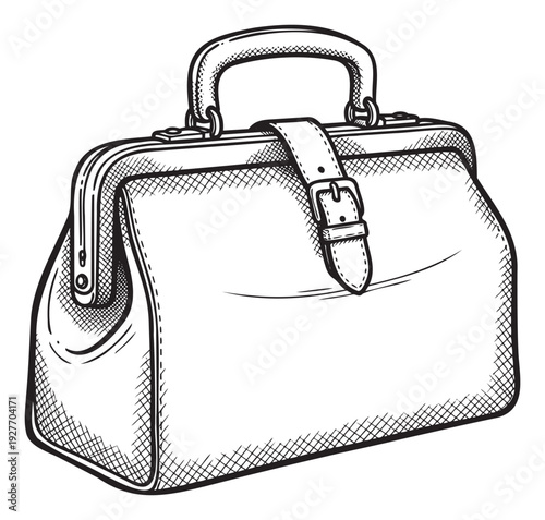 Oldfashioned physicians case with a handle and buckle strap drawing offering a historical touch for healthrelated publications and hospital branding.
