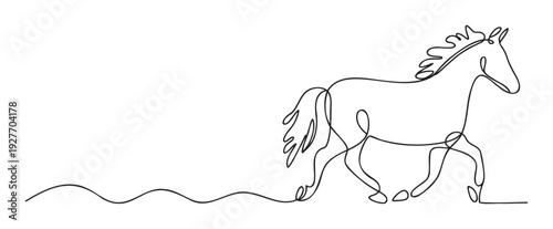 Minimalist continuous line drawing of a galloping horse perfect for equestrian enthusiasts, graphic design projects, branding, and dynamic event promotions.