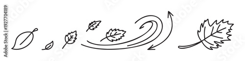 Dynamic outline depiction of falling autumn leaves swirling in the wind, perfect for seasonal educational materials, environmental awareness campaigns, or weatherrelated visual storytelling