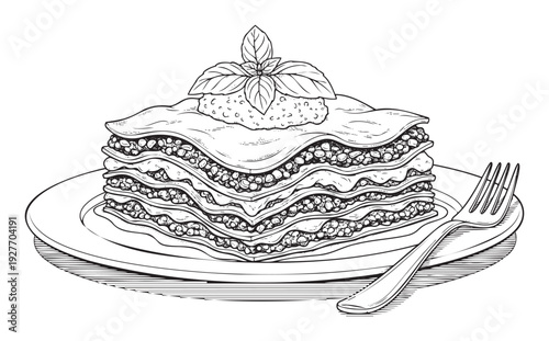 Traditional Italian multilayered lasagna featuring pasta, meat, and cheese topped with basil leaves, served on a plate with a fork, ideal for cooking magazines and restaurant menus