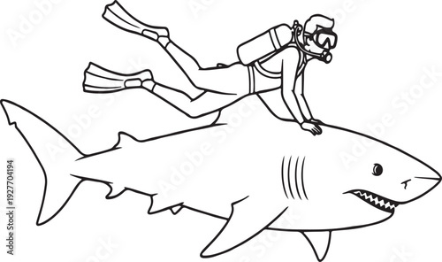 Humorous outline illustration of a scuba diver riding a large shark.