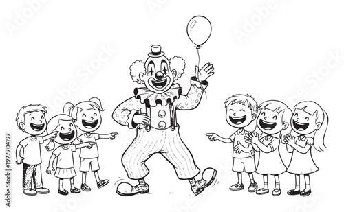 Joyful scene of a happy clown entertaining a group of excited children with a balloon, ideal for childrens event promotions, birthday party invitations, or educational activity books.