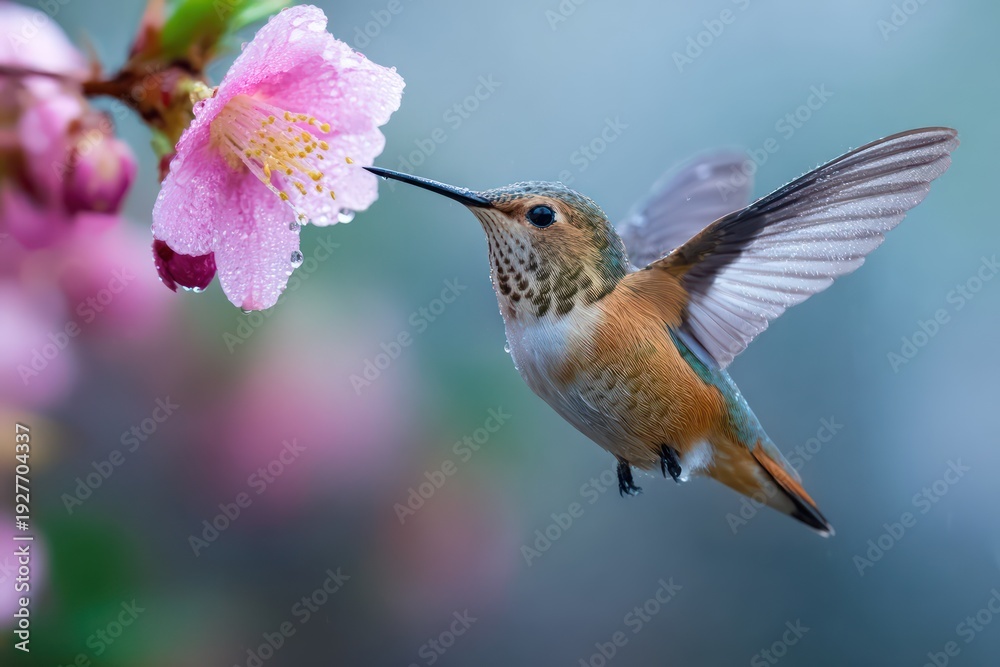 Fototapeta premium Action shot of hummingbird and garden flower