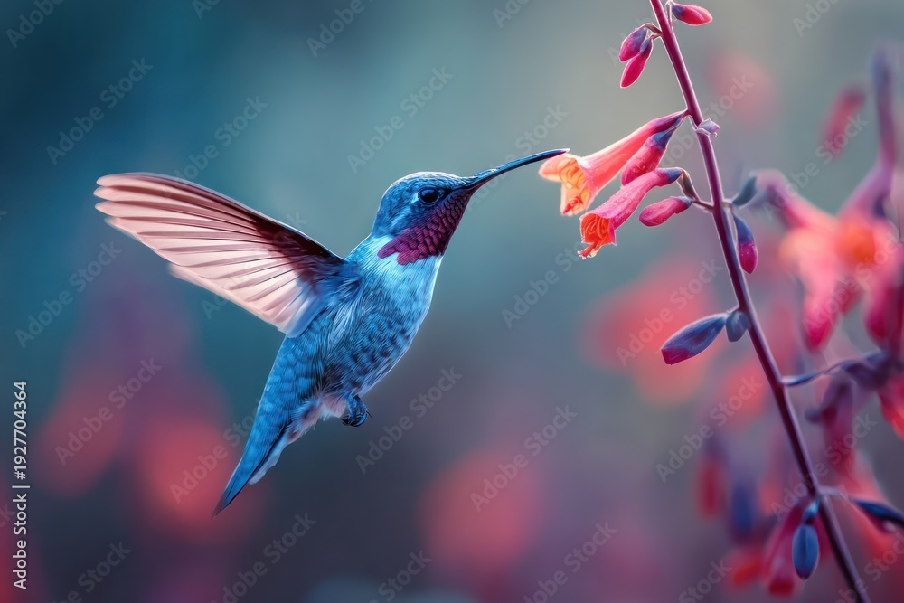 Fototapeta premium Hummingbird in flight next to spring flower