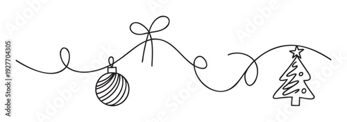 A charming festive line drawing featuring a string of Christmas decorations including a striped bauble and a startopped tree, ideal for seasonal greetings and holiday promotions.