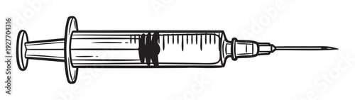 Black and white graphic drawing of a medical syringe with a needle and liquid, perfect for healthcare illustrations, pharmaceutical advertisements, or educational materials about injections.