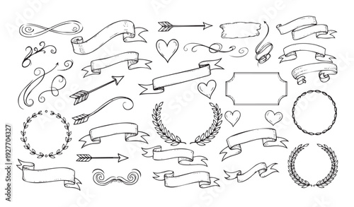 Hand drawn vintage sketch style decorative collection featuring ribbons, hearts, arrows, laurels, frames, and flourishes to enhance wedding stationery, labels, or greeting messages
