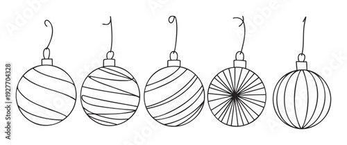 Hand drawn collection of Christmas tree decorations with diverse line designs, ideal for winter holiday themed marketing materials, scrapbooking, or festive graphic elements.