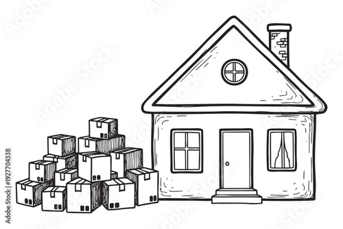 Hand drawn outline of a house next to a large stack of moving boxes, ideal for illustrating concepts of relocation, property buying, selling, or residential real estate services.