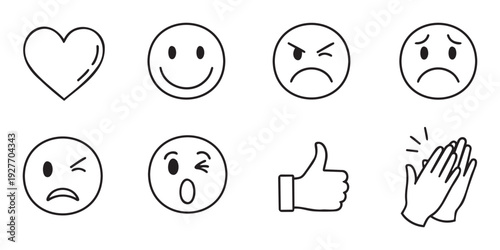 Outline vector icons representing various emotions and social media reactions like happiness, sadness, anger, love, approval, and applause, ideal for app interfaces and user experience