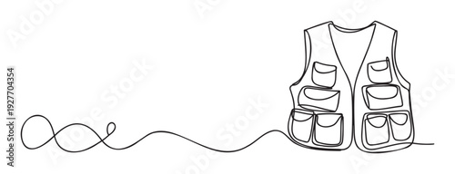 A functional outdoor utility vest with multiple practical pockets depicted in a continuous single line drawing style featuring an infinity symbol, ideal for various apparel and travel