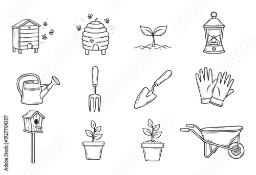 Comprehensive collection of handdrawn outline gardening tools and equipment including beehives plants watering can and wheelbarrow perfect for spring agricultural projects and naturethemed