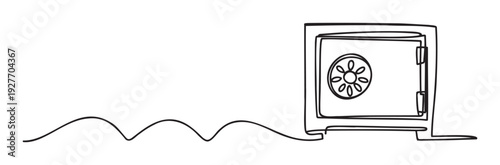 Continuous line drawing of a secure metal safe box with a combination dial and handle, symbolizing security and protection for financial assets and valuables, ideal for banking or