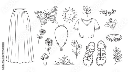 Bohemian aesthetic elements featuring flowing skirt, crop top, sandals, cheerful sun, delicate butterfly, various blossoms, and jewelry ideal for scrapbooking or coloring book activities.