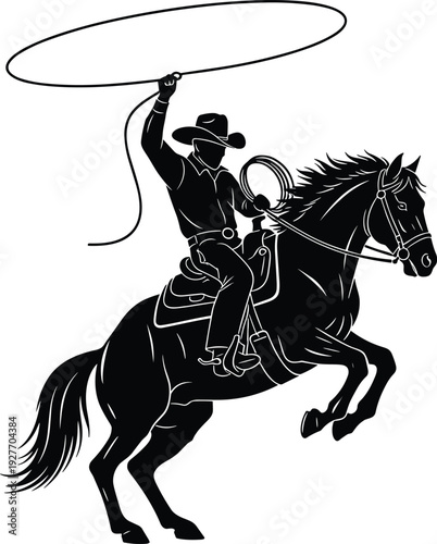 Black silhouette of a cowboy riding a rearing horse and throwing a lasso rope isolated on white for western designs.
