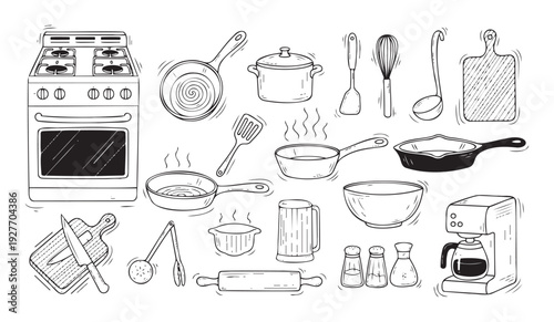 A collection of essential kitchen utensils and cooking appliances in a handdrawn doodle style, perfect for culinary websites, restaurant menus, recipe books, or cooking blogs.