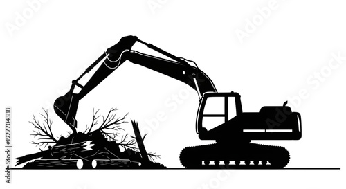 Vector silhouette of an excavator clearing a pile of logs and fallen trees, representing forestry management, land clearing, and industrial timber processing.