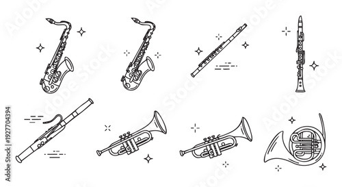 Set of outline musical instrument icons featuring various wind and brass instruments like saxophones, flutes, clarinets, bassoons, trumpets, and a French horn, ideal for music education