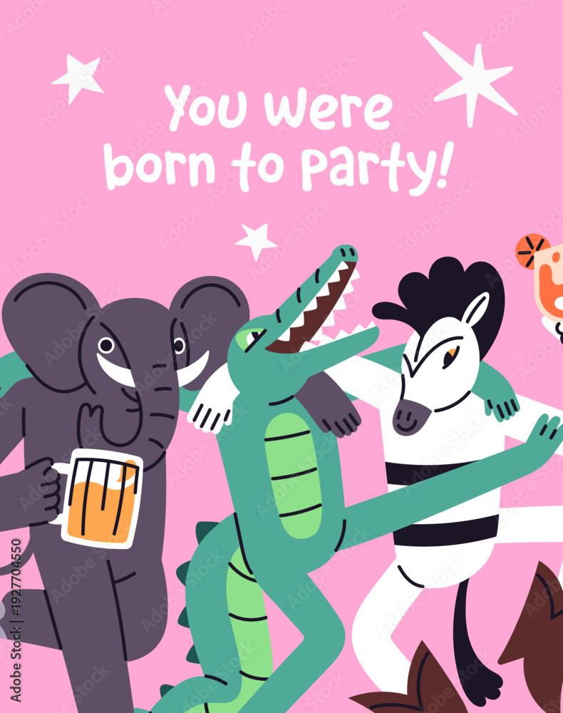 Fototapeta premium Happy friends celebrate holiday together on template of greeting card. Design of festive postcard with cute animals dancing with music at the party with alcohol drinks. Flat vector illustration