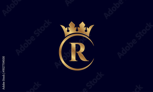 Luxury Golden Letter R Logo with Royal Crown and Circular Frame on Dark Background