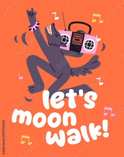 Design of greeting card with happy wolf celebrating party with radio recorder. Template of festive postcard with funny animal dancing and listening to music with boombox. Flat vector illustration
