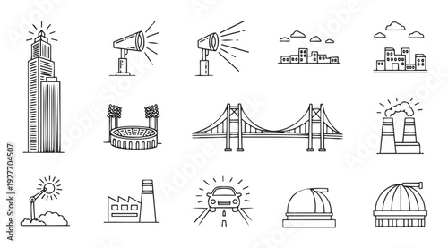 A comprehensive set of modern urban and industrial infrastructure outline icons depicting buildings, bridges, factories, and technology, ideal for digital graphics, web design, and